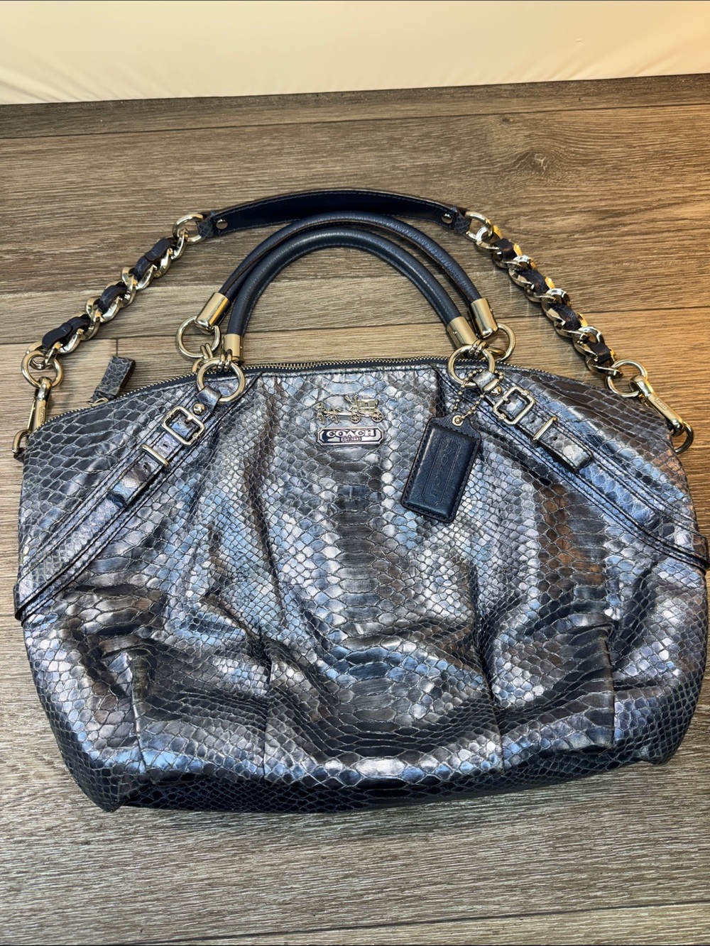 Coach Metallic Navy Snake-Embossed Leather Shoulder Bag
